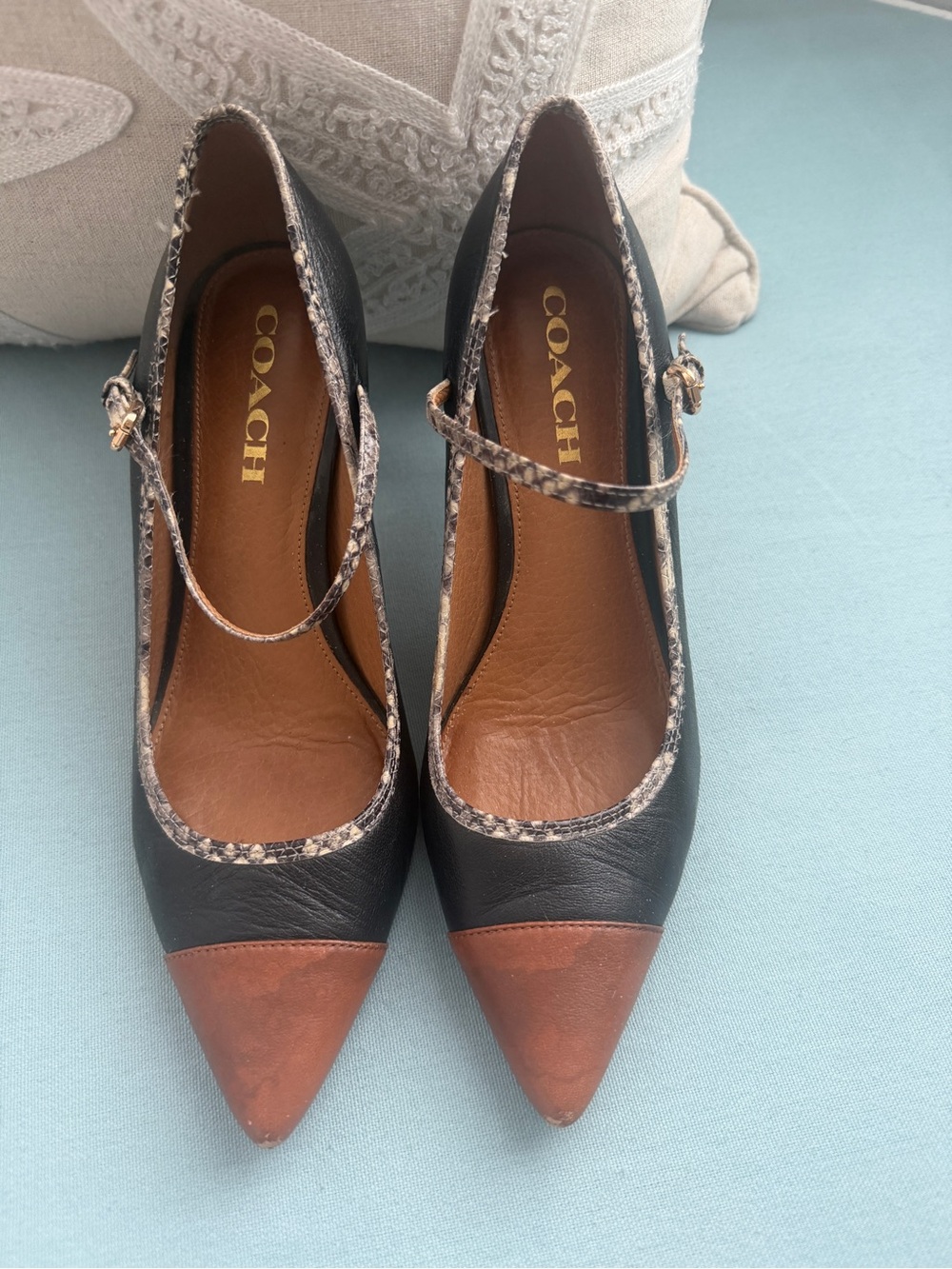 Coach Black Leather Pointed Mary Janes with Brown Cap Toe and Snakeskin Trim 7.5
